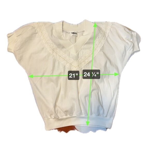 Vintage 90s Tiger White Lace Trim V Neck Top Sz L Banded Hem Sleeve Cuffs - Picture 7 of 8